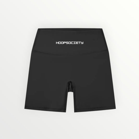 HoopSociety Heritage Sculpt black high-rise active shorts with minimal branding, made from stretchy nylon-spandex blend.