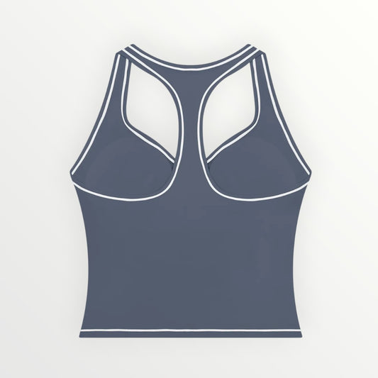 HoopSociety Heritage Sculpt Performance Tank in dark grey with white contrast piping and a racerback design.