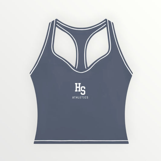 HoopSociety Heritage Sculpt performance tank in dark blue with white contrast piping and HS Athletics logo.
