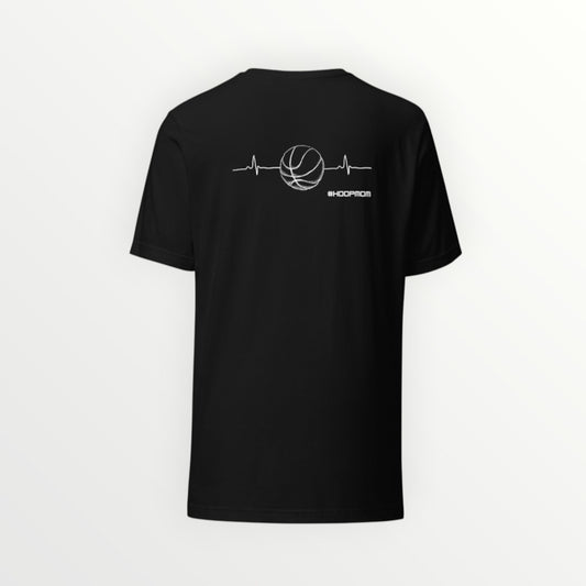 HoopSociety black cotton t-shirt with white basketball heartbeat graphic and #HoopMom text on the back