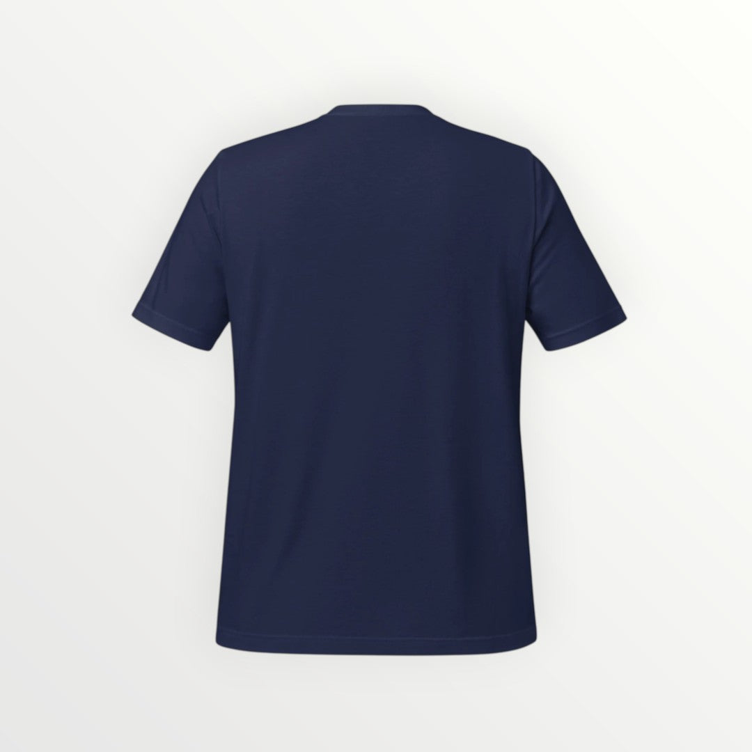 Back view of a plain navy blue HoopSociety Everyday Tee made from soft combed cotton with a modern retail fit.