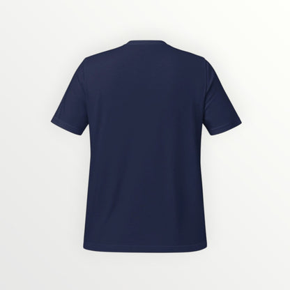 Back view of a plain navy blue HoopSociety Everyday Tee made from soft combed cotton with a modern retail fit.