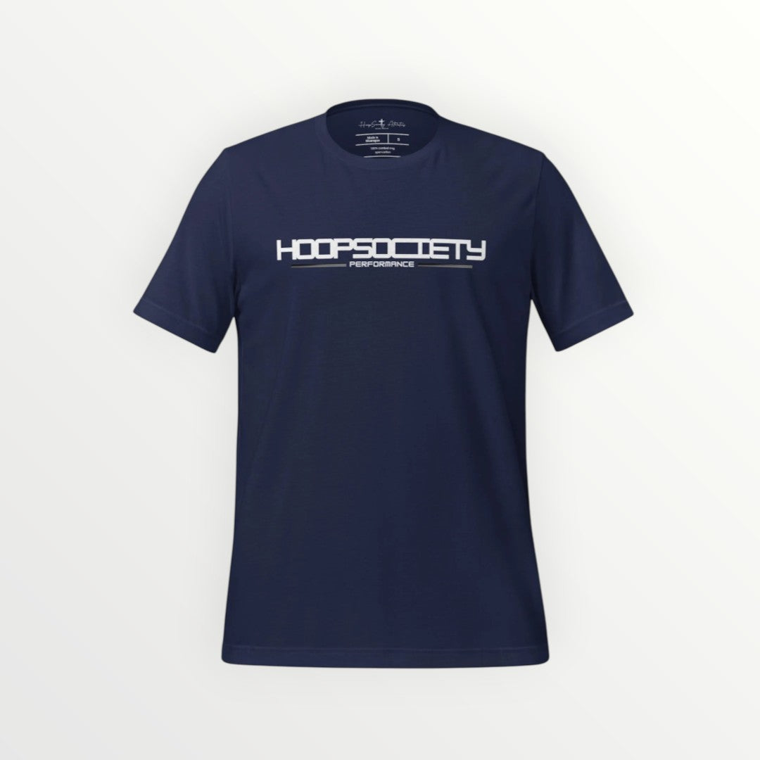 HoopSociety navy blue Everyday Tee featuring white logo branding on the chest, made from premium soft cotton.