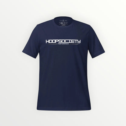 HoopSociety navy blue Everyday Tee featuring white logo branding on the chest, made from premium soft cotton.