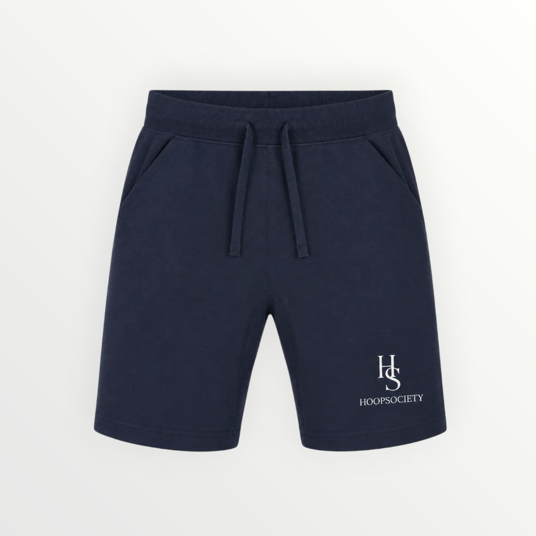 HoopSociety navy blue unisex fleece athletic shorts with an adjustable drawstring waistband and logo detail.