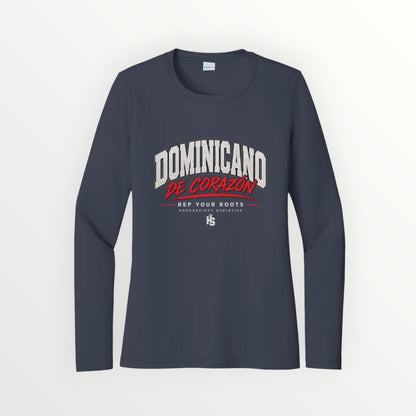 HoopSociety navy blue women's long sleeve performance shirt with Dominicano de Corazón graphic and moisture-wicking fabric