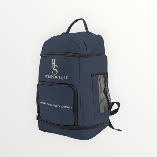 HoopSociety navy blue Purpose Training Backpack with front gear compartment and Faith Hustle Grind branding.