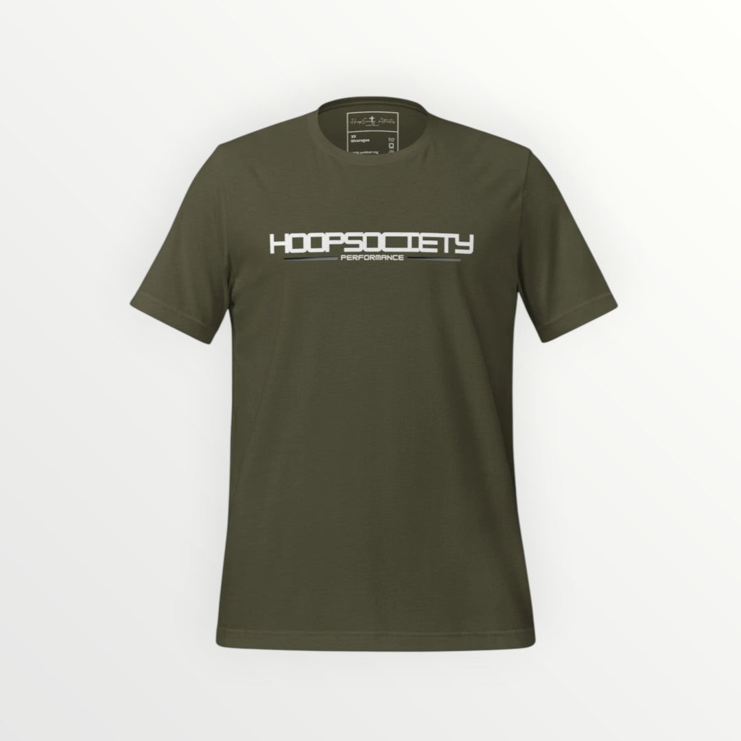 HoopSociety olive green short-sleeve everyday tee with white performance logo graphic on the chest.