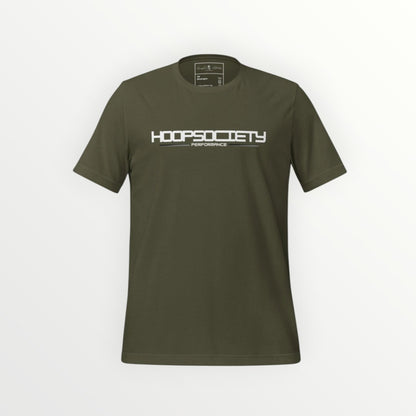 HoopSociety olive green short-sleeve everyday tee with white performance logo graphic on the chest.