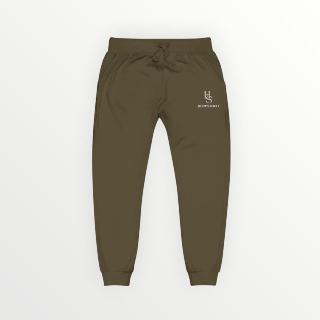 HoopSociety Heritage Premium unisex joggers in olive green with a tapered fit, ribbed cuffs, and logo detail.