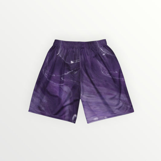 HoopSociety Kingdom Royalty unisex athletic mesh shorts in a deep purple marble print with an elastic waistband.