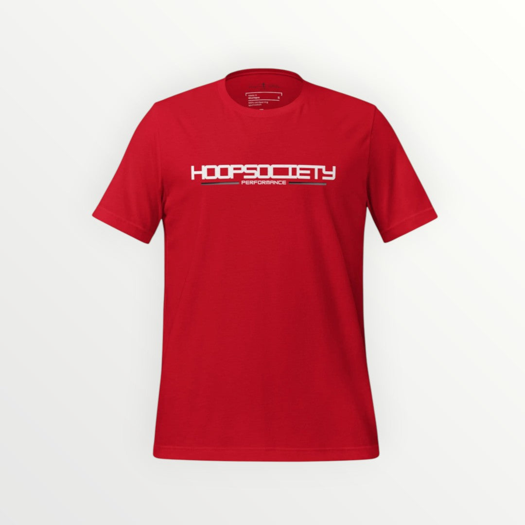 HoopSociety red cotton Everyday Tee featuring a white graphic logo on the chest with a modern retail fit.
