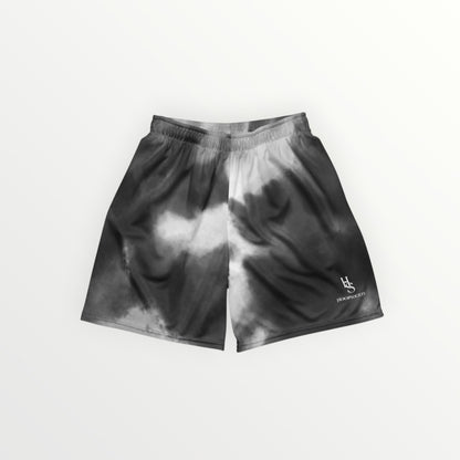 HoopSociety Rising Storm unisex mesh athletic shorts in a black and white tie-dye pattern with moisture-wicking fabric.