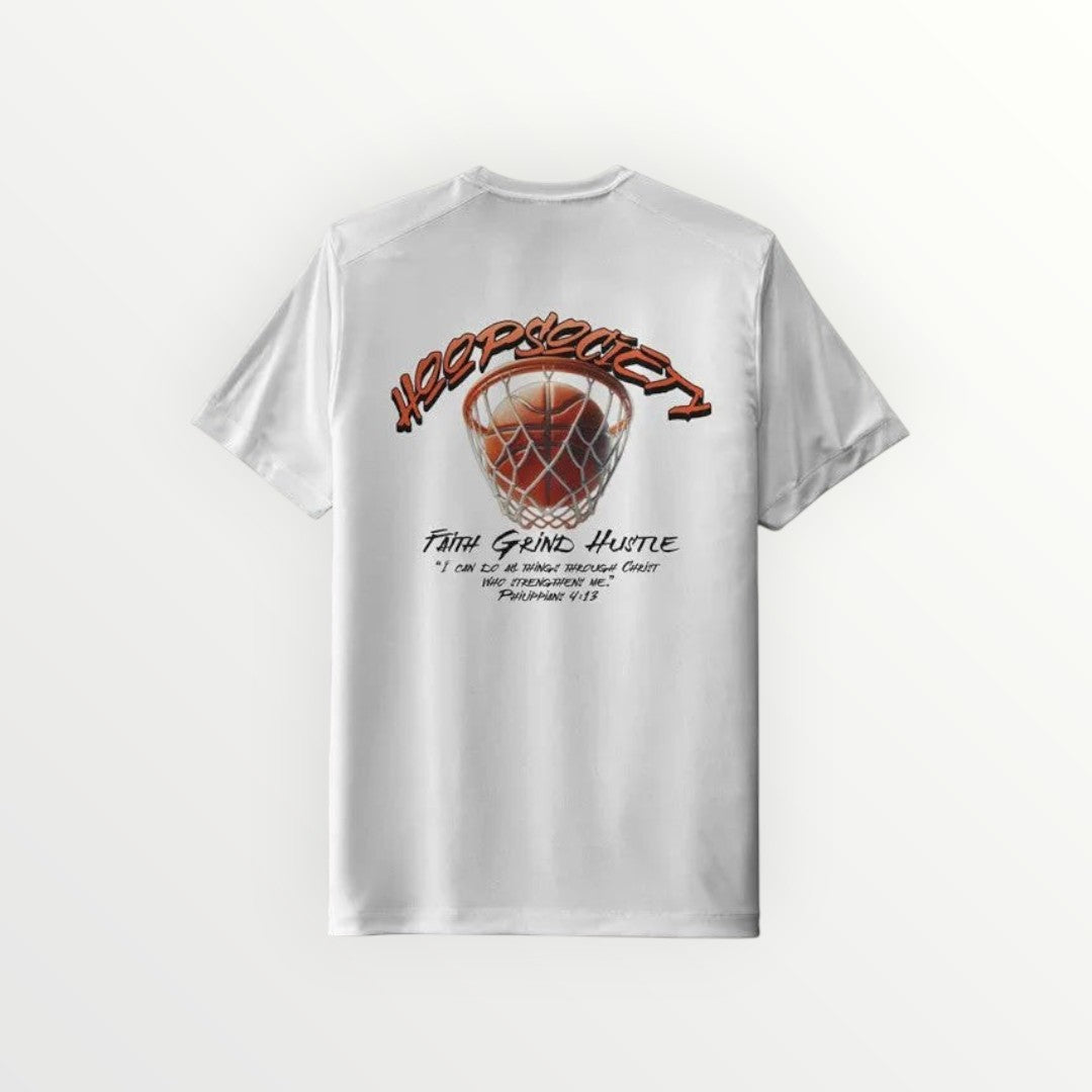 HoopSociety white performance tee featuring a basketball hoop graphic and Faith Grind Hustle text on the back.