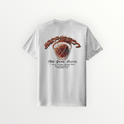 HoopSociety white performance tee featuring a basketball hoop graphic and Faith Grind Hustle text on the back.
