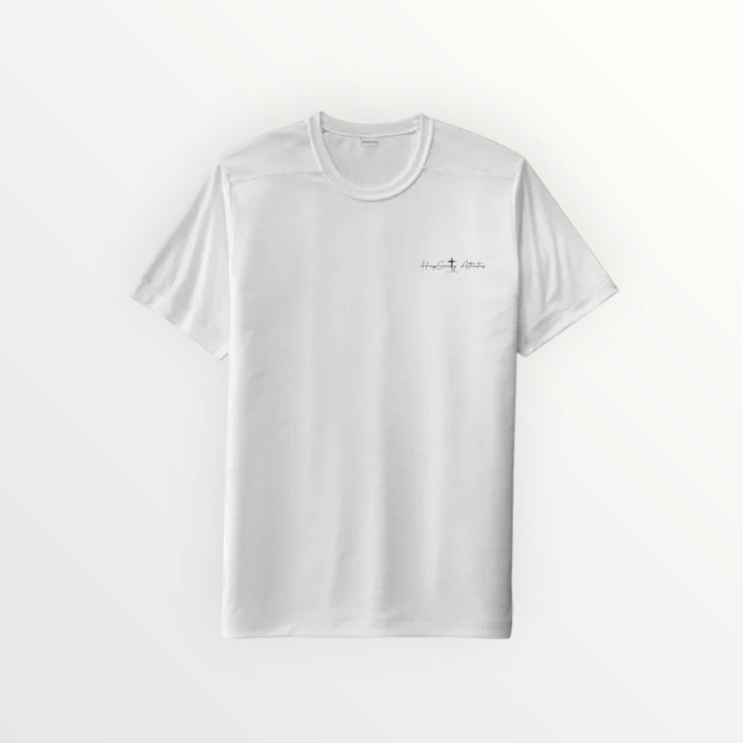 HoopSociety white performance tee with small chest logo, made from moisture-wicking polyester for athletic training.