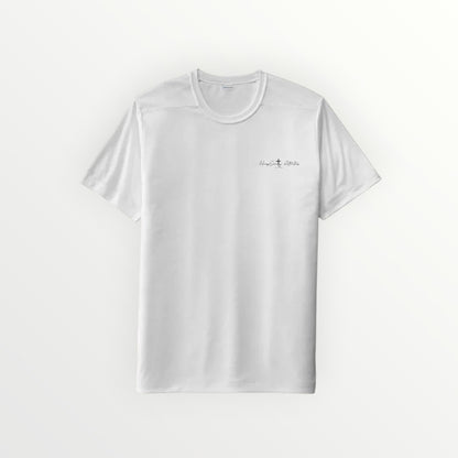 HoopSociety white performance tee with small chest logo, made from moisture-wicking polyester for athletic training.